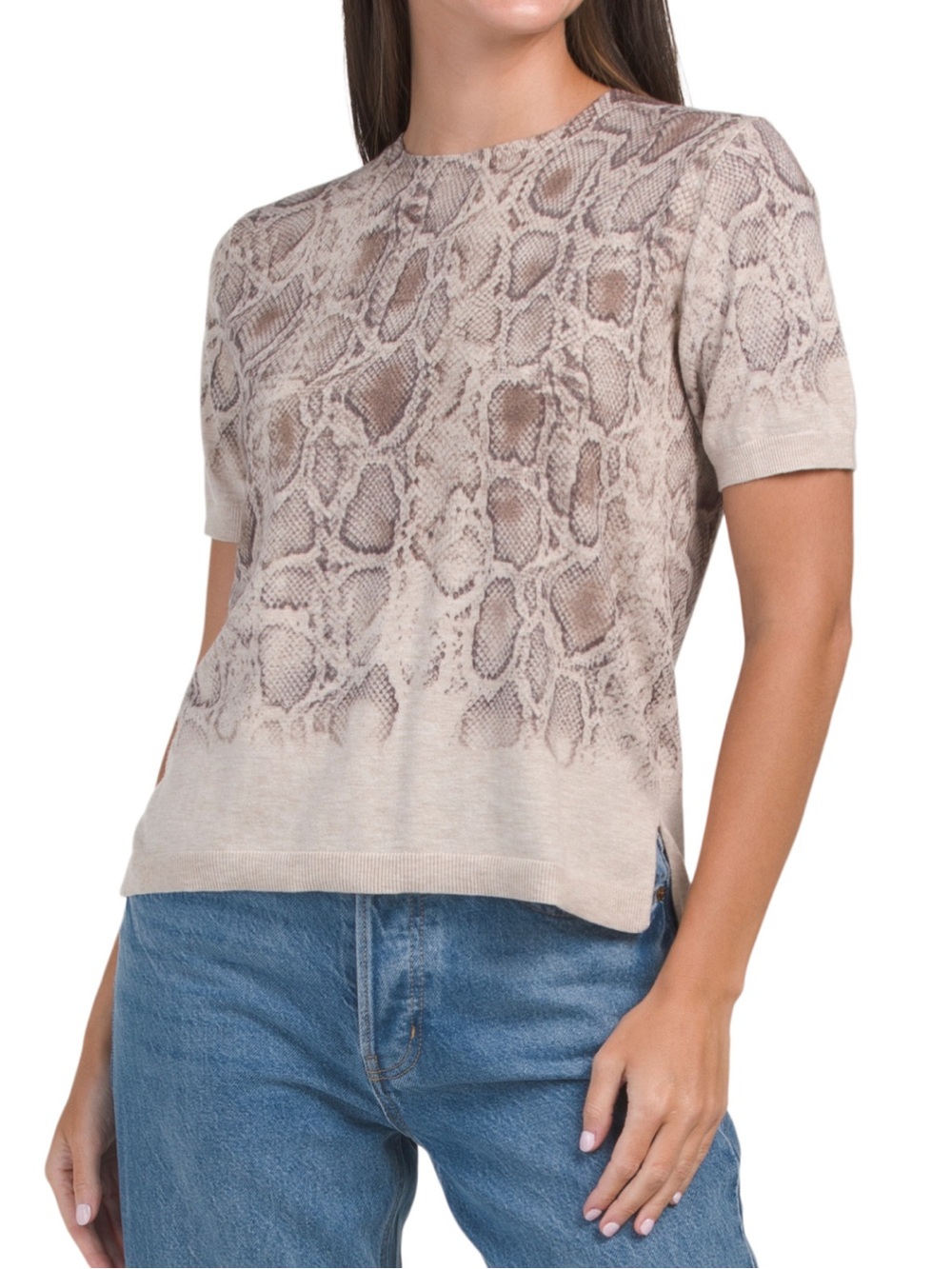 NWT 🐍 Kobi Halperin Beige Snake python animal Print Short Sleeve Knit Top